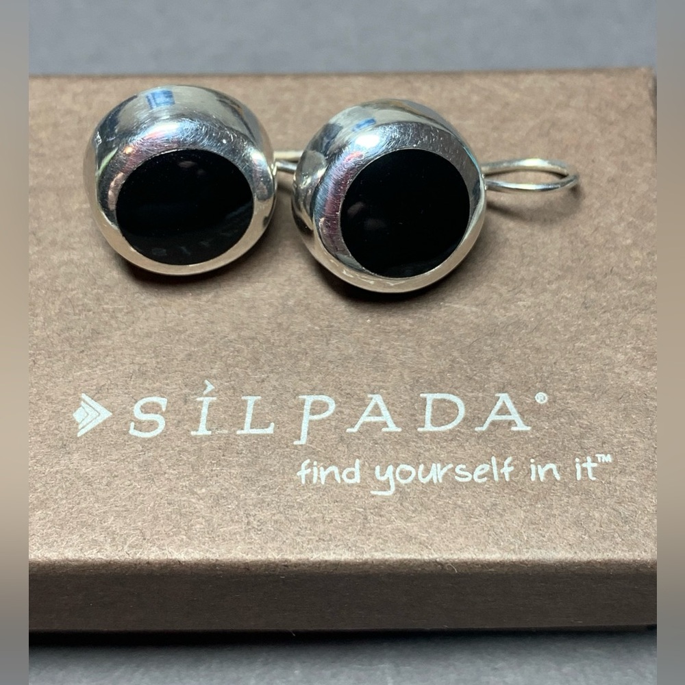 Early Silpada Very Rare Sterling & Chunky Round Onyx Inlaid French Wire Earrings